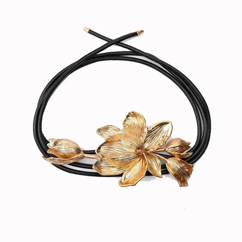 Exaggerated ZAA metal tulip waist chain leather belt 241019