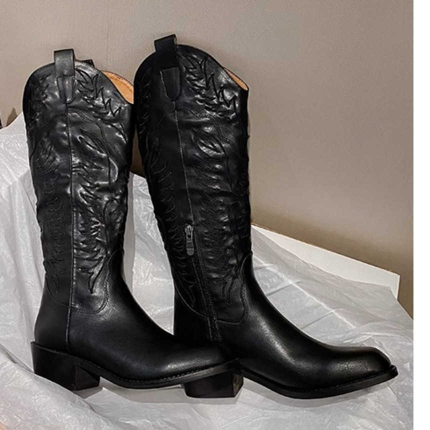 Fashion Boots Western Cowboy Boots WoMens High Top Knight Boots Pointed Brown Embroidered Martin Boots Thick Heel Boots Long Boots 241008