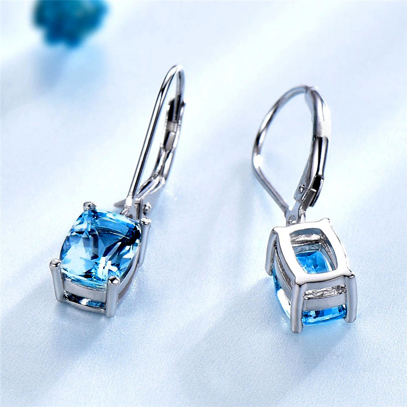 Classic Blue Imitation Topaz Drop Earrings 925 Sterling Silver Women Simple Zircon Earrings Designer 10mm Crystal Diamond Earrings Wedding Jewelry