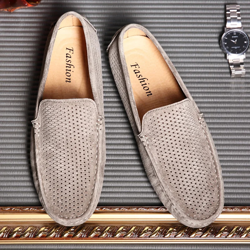 Mens suede leather shoes casual apartment mens slippers mocha casino breathable summer driving shoes 241019