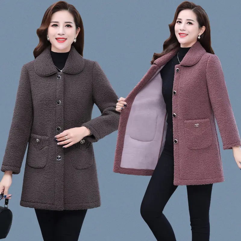 Middle aged mother artificial cashmere coat autumn and winter loose long sleeved coat solid womens jacket Parkas casual top 241019