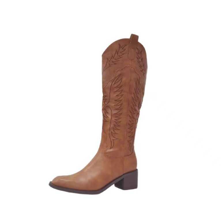 Fashion Boots Western Cowboy Boots WoMens High Top Knight Boots Pointed Brown Embroidered Martin Boots Thick Heel Boots Long Boots 241008