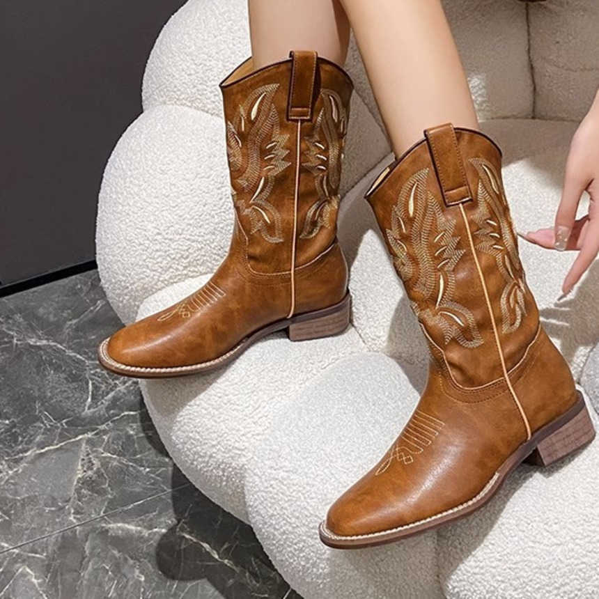 Fashion Boots Versatile Western Cowboy Boots Summer Thick Heel Ankle Boots Embroidered Sleeve Knight Boots Midsole Square Toe Martin Boots 241008