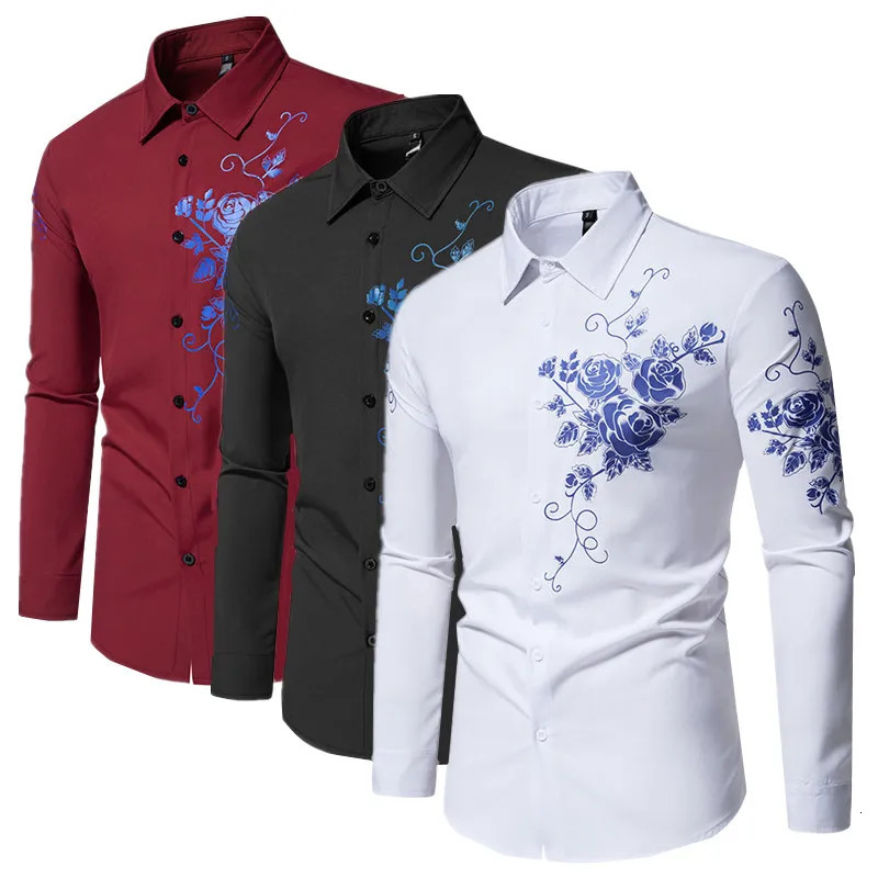 Mens 3D Printed Shirt Single Chest Collar Loose Top Fashionable Mens Wedding Ball Party Rose Flower Dress 241007
