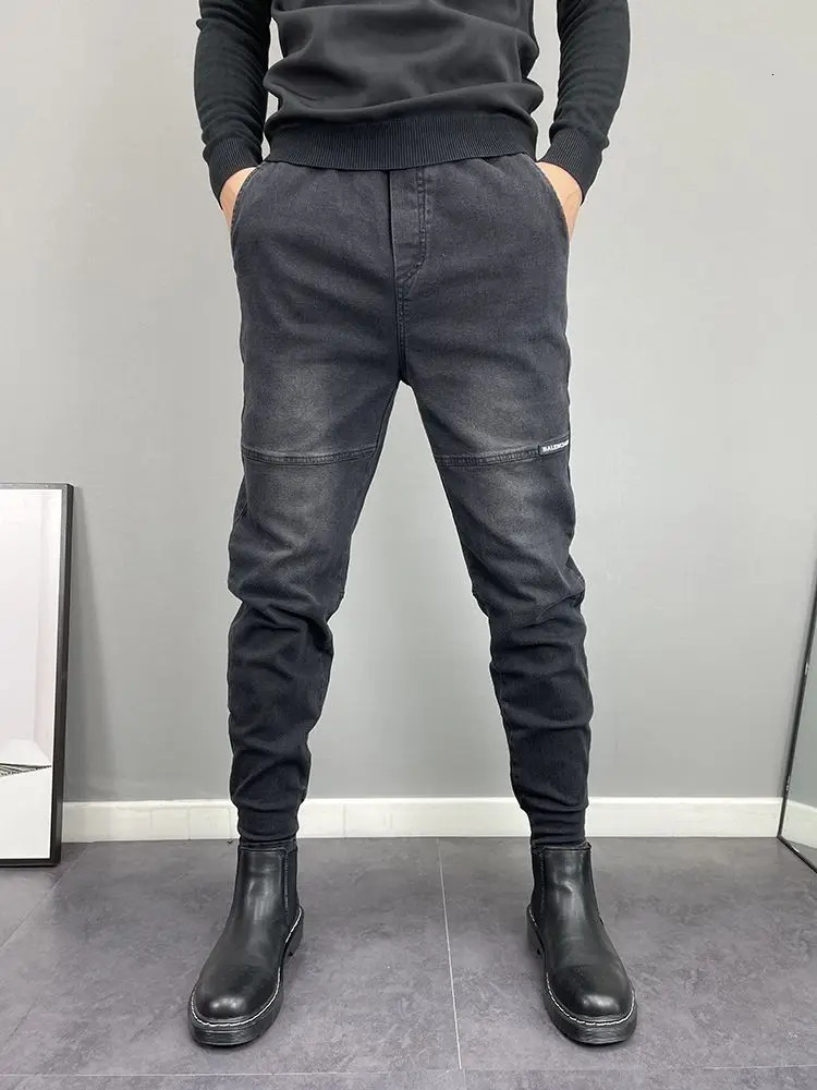 Mens Italian Jeans Black Grey Stretchy Tapered Harem Pants and Embroidered Elastic Waist Casual Trousers 241009