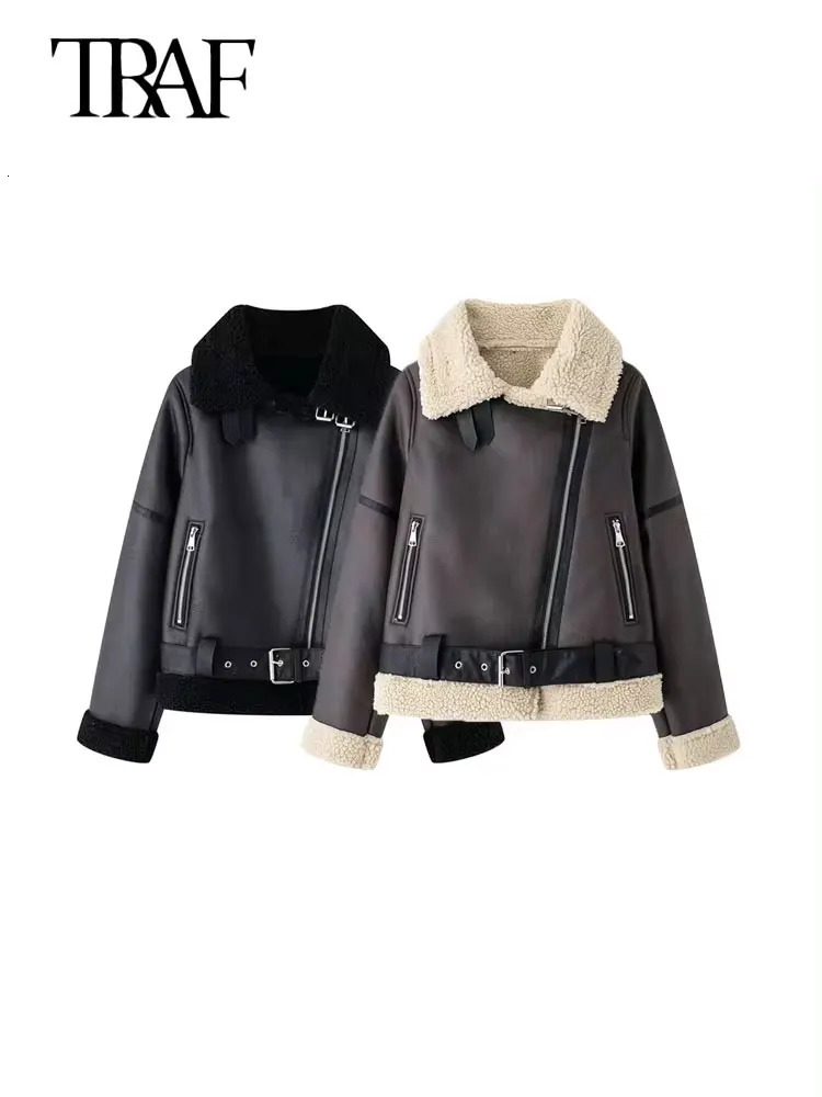 TRAF Womens Thick Warm Suede Jacket with Belt Long Sleeve Coat Artificial Cut Womens Wear Fashion Top Winter Fashion 241007