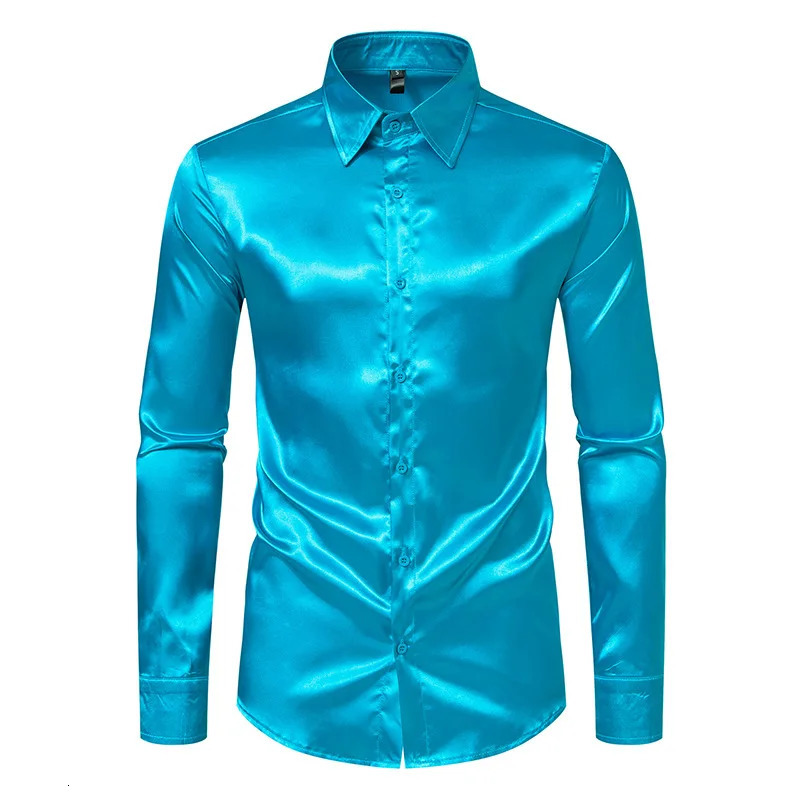 Wxw4756 Spring and Autumn Mens Dress Long Sleeve Solid Color Street Clothing Hip Hop Shirt Collar Satin Shirt Regular Fit 241007