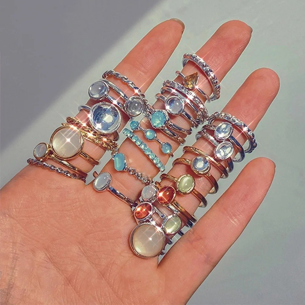 Vintage Colorful Crystal Stone Rings Set for Women Trendy Gold Silver Color Glazed Ring Geometric Resin Party Jewelry 241010