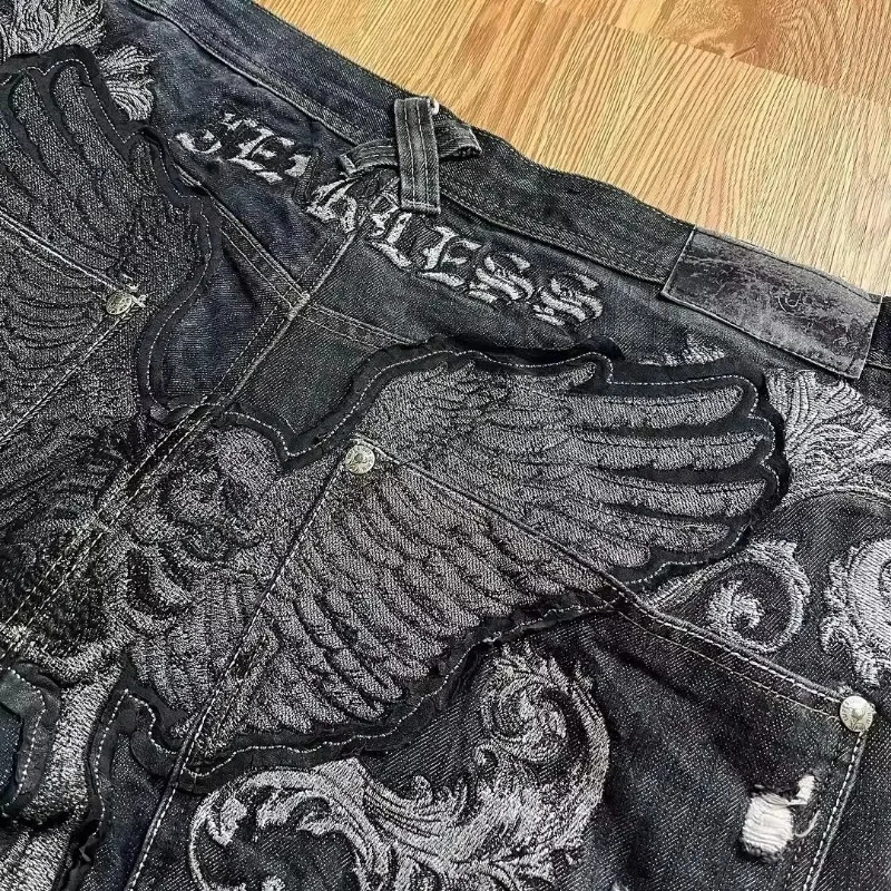 Y2K Fashion Trend Super Wings Embroidered Baggy Jeans Mens Street Dress Retro Pop Hip Hop Casual High Waist Wide Leg Pants 241019