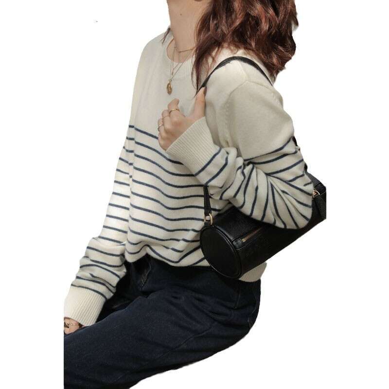 Vintage Commuter Stripe Round Neck Cashmere For Women Spring And Autumn Loose Jumper Temperament Wool Base Sweater