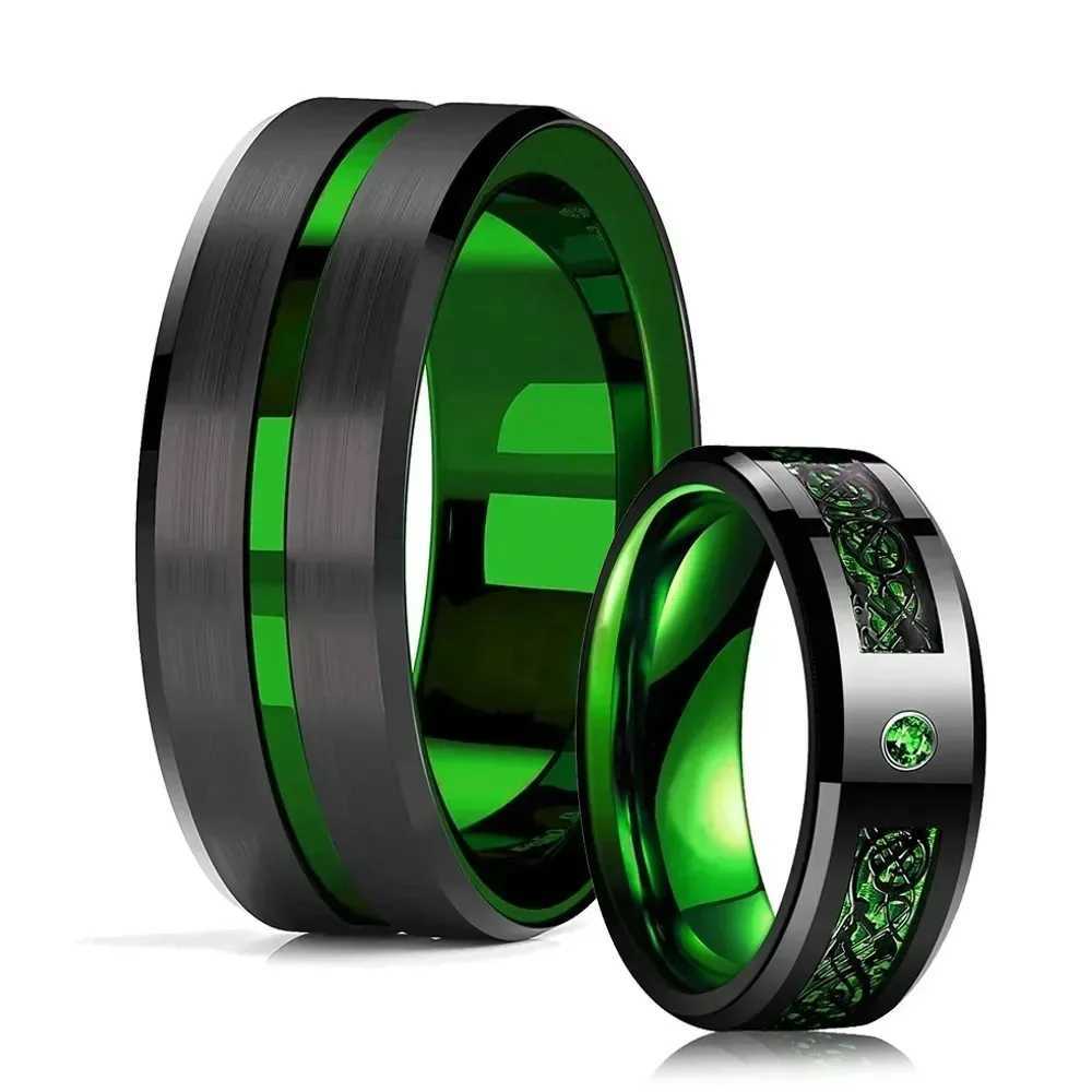Fashionable 8mm black tungsten wedding Celtic dragon ring inlaid with green zircon ring mens stainless steel purple carbon fiber ring Y241019