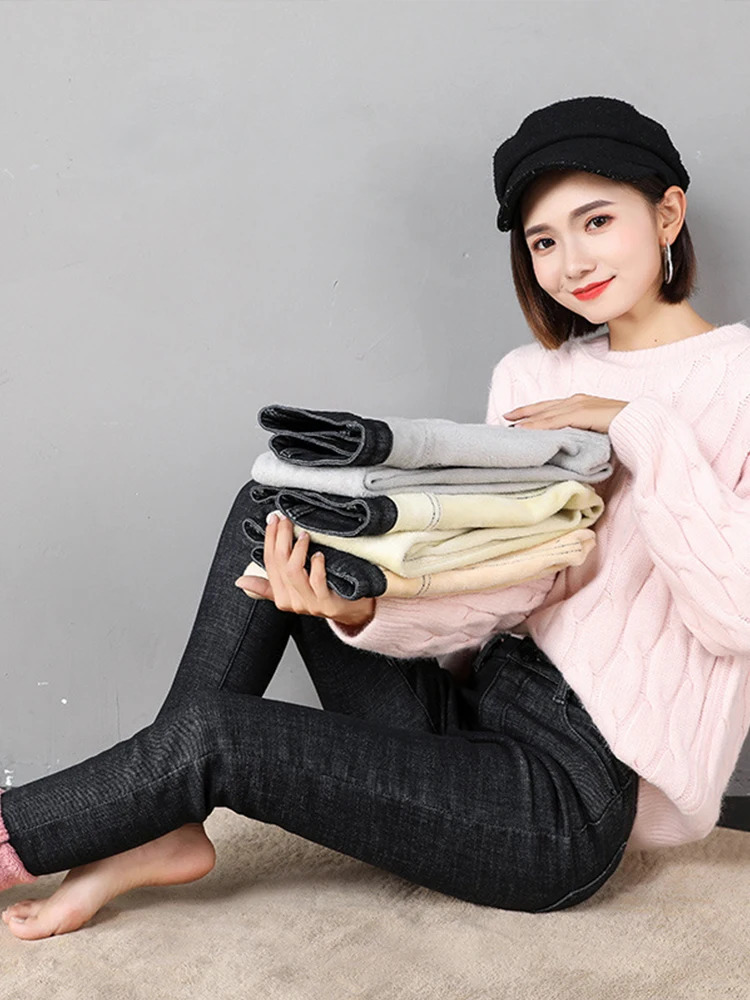 Winter high waist jean Thick warm stretch skinny pencil pants Female Simple casual black trousers 241007