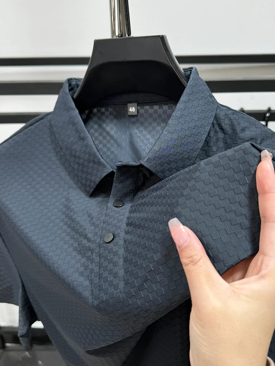 Trendy Summer Mens Shortsleeved POLO Shirt Ice Silk Breathable and Cool Quality Plaid Lapel Business Casual Korean Top Tshirt 241009