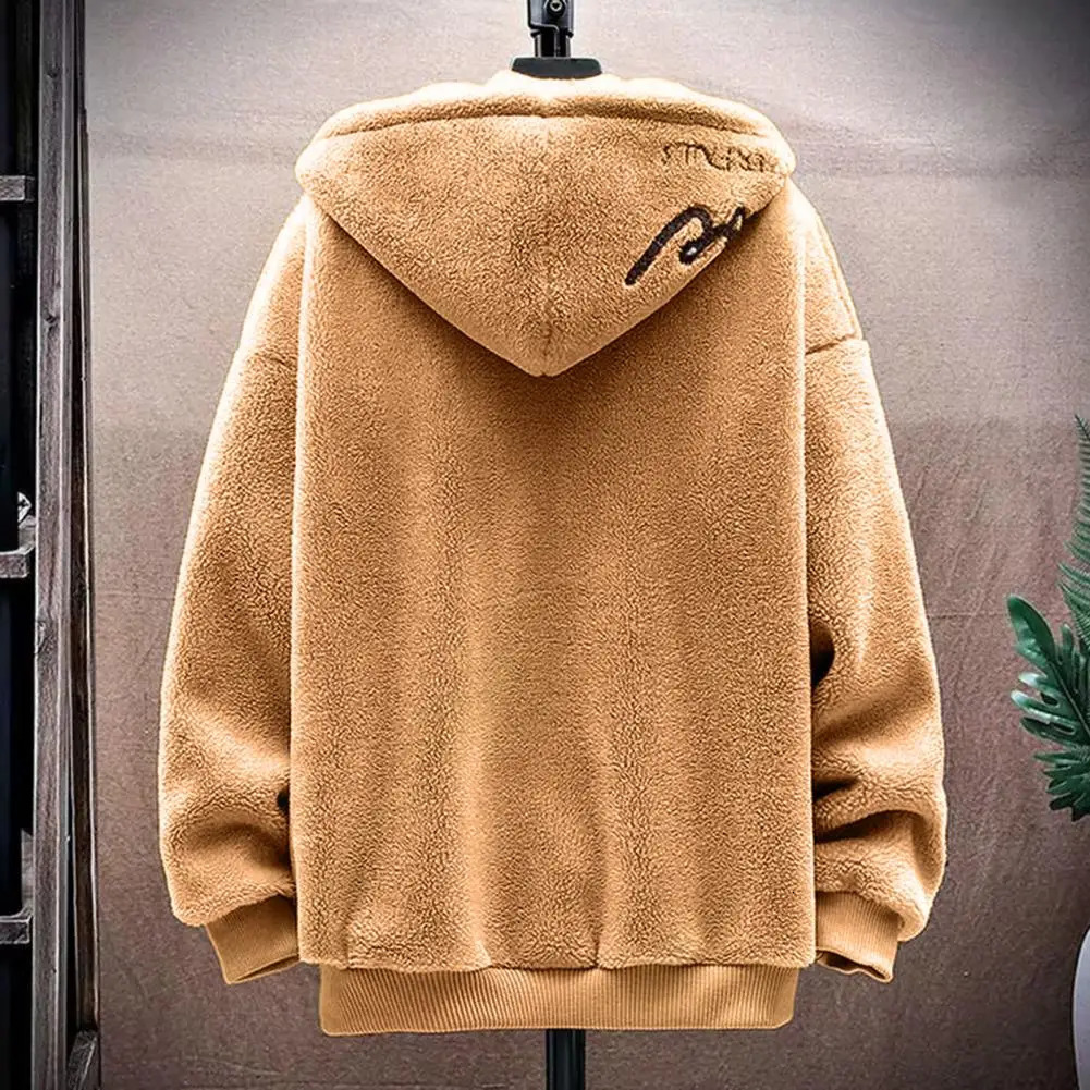 Artificial Sherpa Thick Mens Jacket Zipper Pocket Hooded Jacket Casual Thick Sherpa Lining Warm Mens Jacket 241007