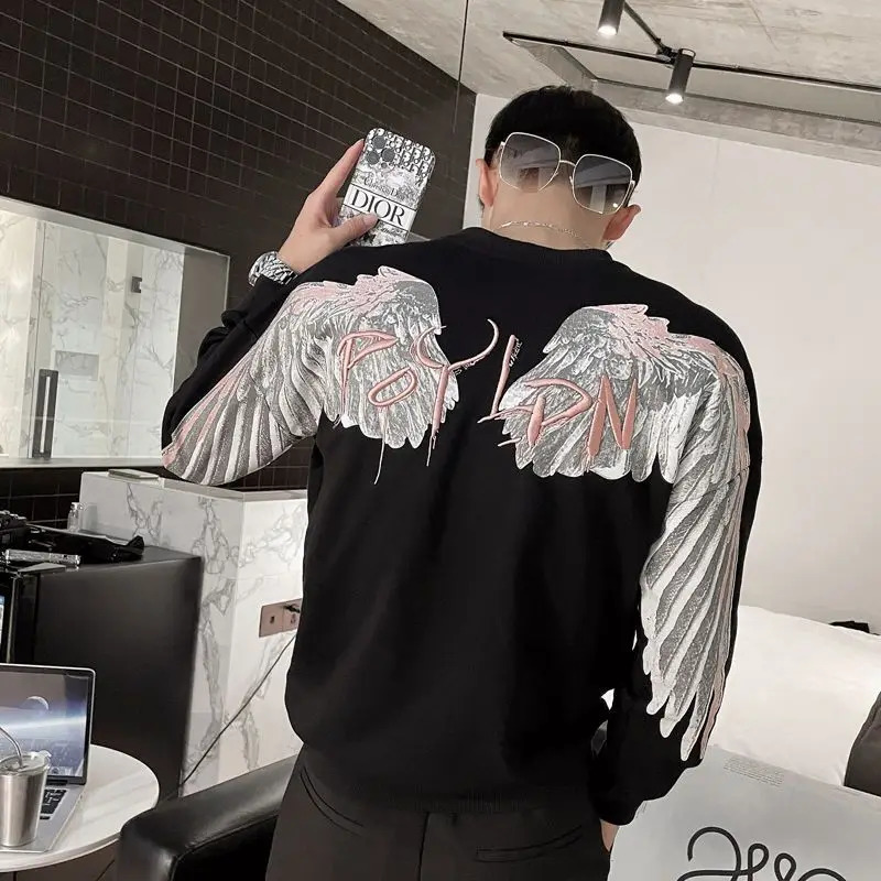 Y2k Pullover Harajuku Hip Hop Sweatshirt Loose Long Sleeve Mens Top Oversized Wings Printed Jacket Cotton Street Wear Mens 241019