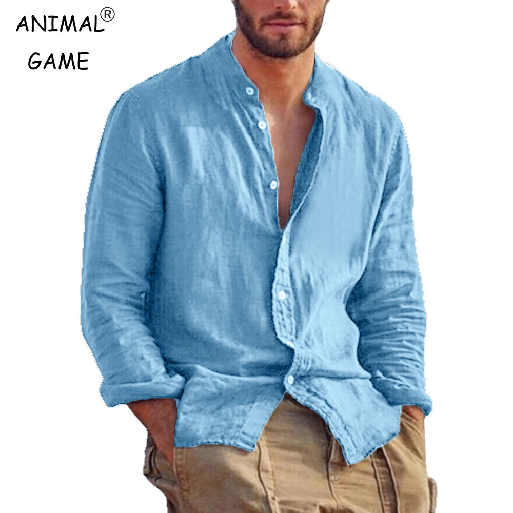 Mens Solid Color Long Sleeve Shirt Linen Cotton Shirts Trend Plussize Stand Collar Casual Lightweight Beach Tops 241007