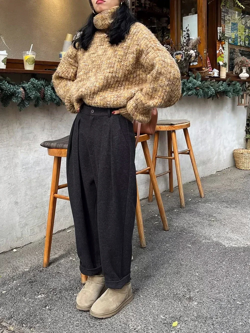 2024 Chic Women Casual Loose Pockets Woolen Suit Pants Autumn Winter High Waist Thicken Korean Ladies Solid Harem Trousers 241007