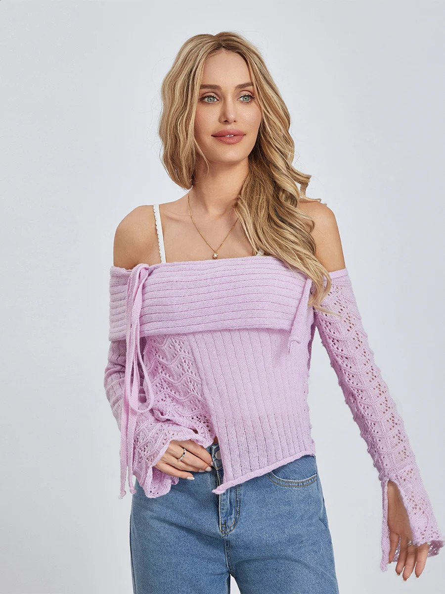 wsevypo Fairycore Off-the-Shoulder Fall Sweaters Womens Knit Crochet Flare Long Sleeve Slash Neck Tie-up Pullovers Jumpers 241010