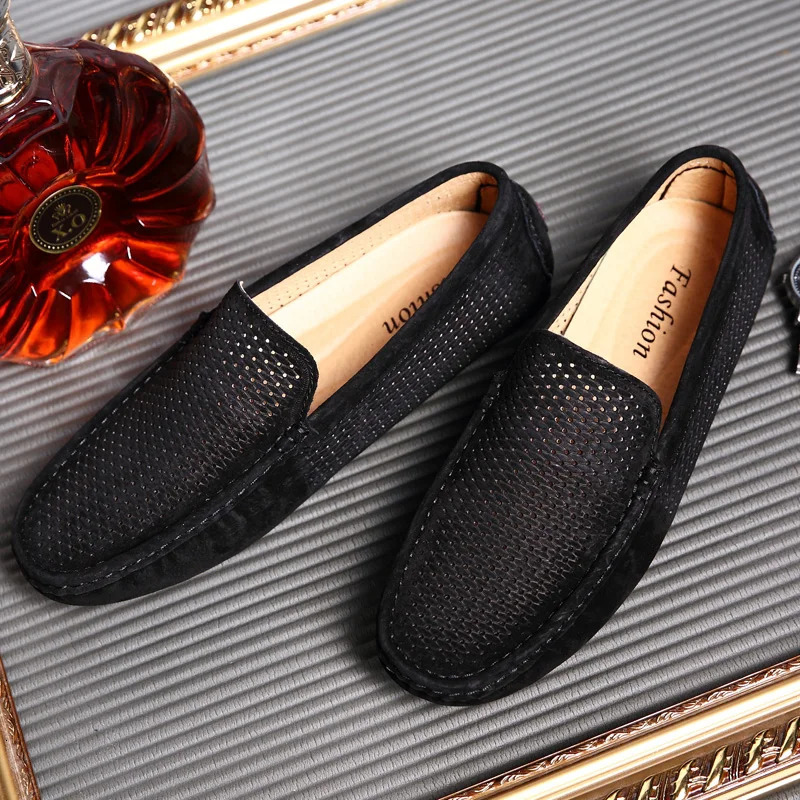 Mens suede leather shoes casual apartment mens slippers mocha casino breathable summer driving shoes 241019