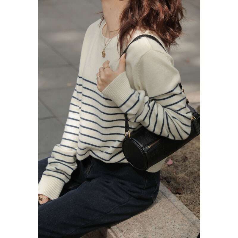 Vintage Commuter Stripe Round Neck Cashmere For Women Spring And Autumn Loose Jumper Temperament Wool Base Sweater