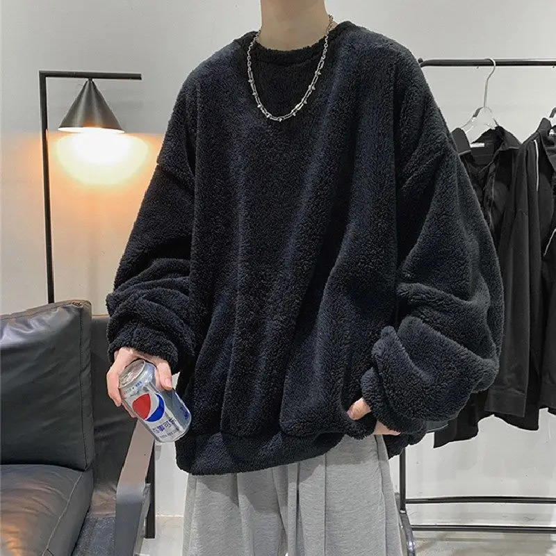 Flannel Plush Youth Men Sweatshirt Autumn Winter Clothes O Neck Japanese Style Fashion Thicken Daily Warm Pullover Coat 241010