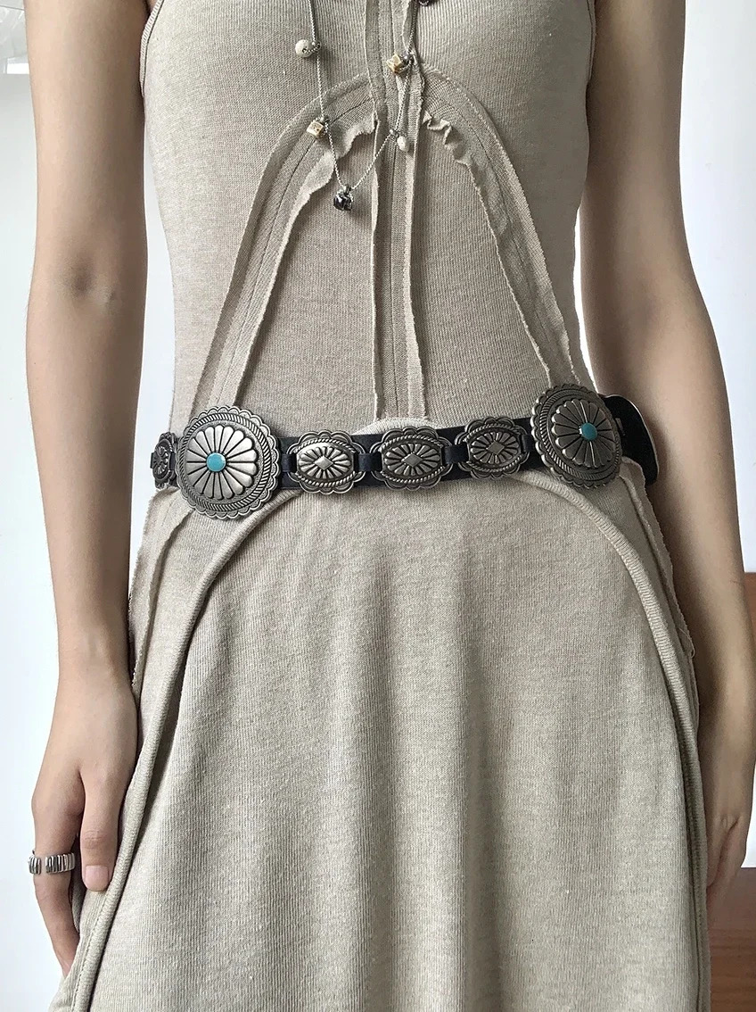 Womens Y2K Western Cowboy Girl Bohomia Waist Chain Cummerbundle Buckle 241019