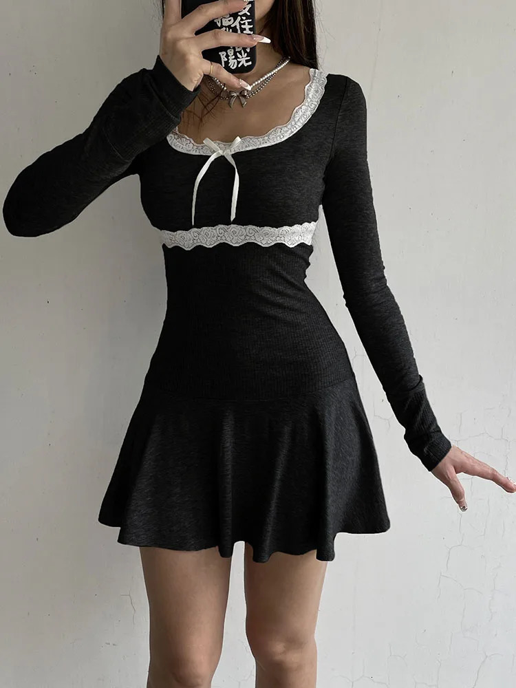 IAMSURE Sweet Patchwork Lace ALine Dress Casual Basic Square Collar Long Sleeve Mini Dresses For Women 2023 Autumn Spring Lady 241007