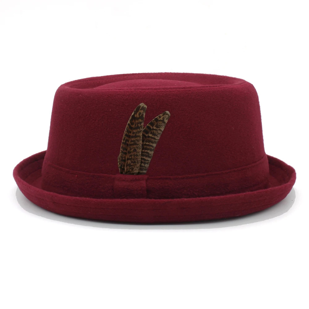 Womens wool blend feather band pig pie hat Fedora Trilby Sunhat Street style classic hat travel size US 7 3/8 UK L 241019