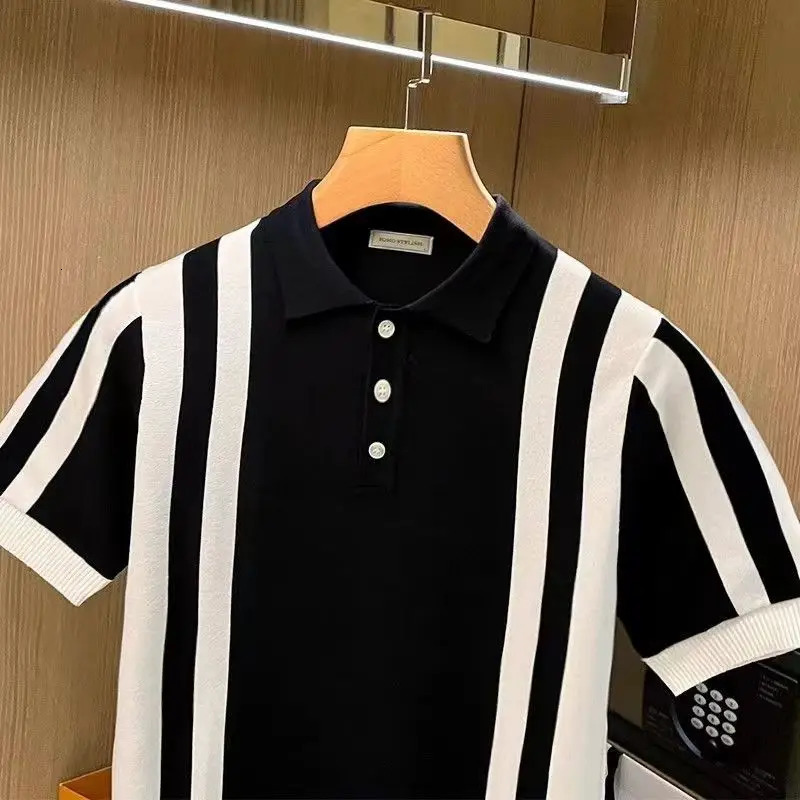 Summer Mens Knitting polos Shirt Men Turndown Collar Button Fashion Color Stripe Tops Knit Casual Tshirts 241010