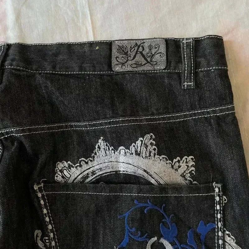 American Retro Jeans Y2K Large Pattern Denim Loose Jeans Gothic High Waist Wide Pants Street Clothing Denim 241019