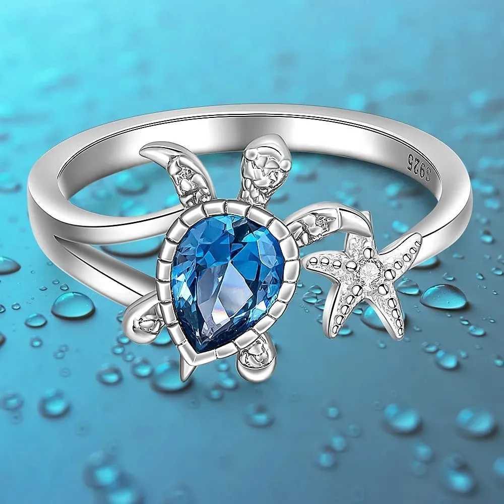 New turtle starfish ring womens blue yellow jade cute marine animal cubic zirconia jewelry girls birthday party gifts wholesale Y241019