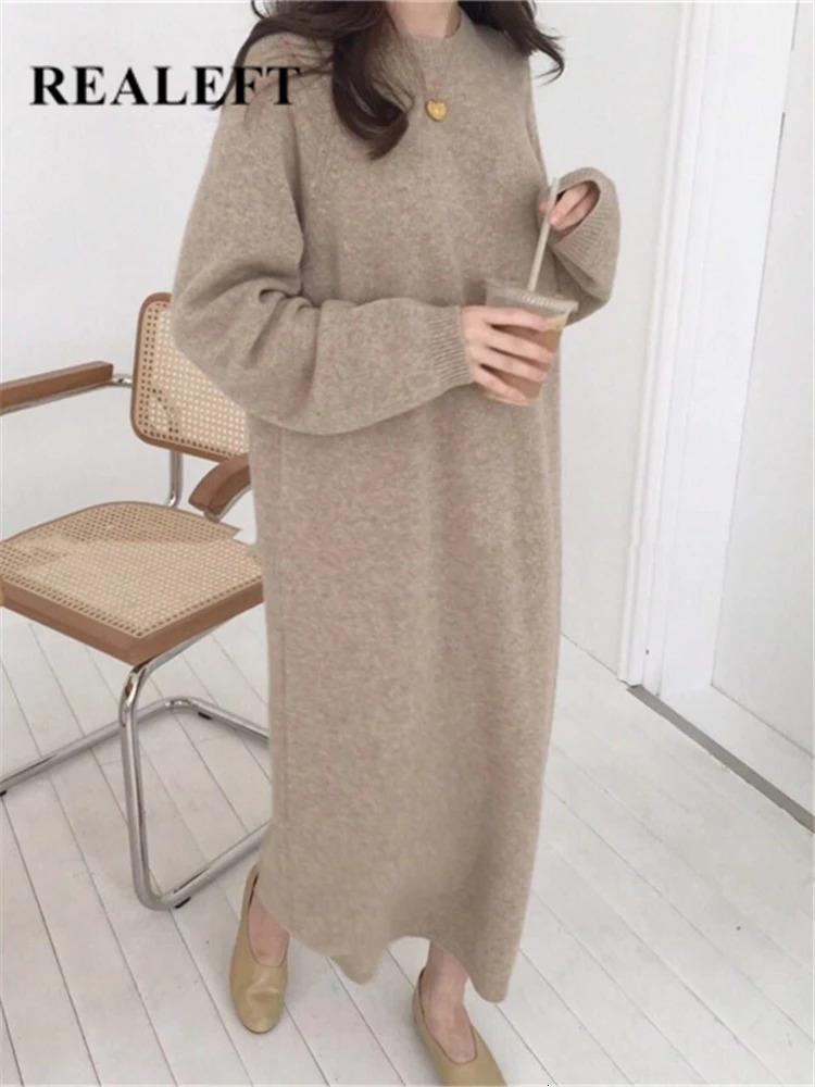 REALEFT Autumn Winter 2023 ONeck Casual Loose Knitted Dress Female Straight Long Sleeve Oversize Sweater Womens 241007