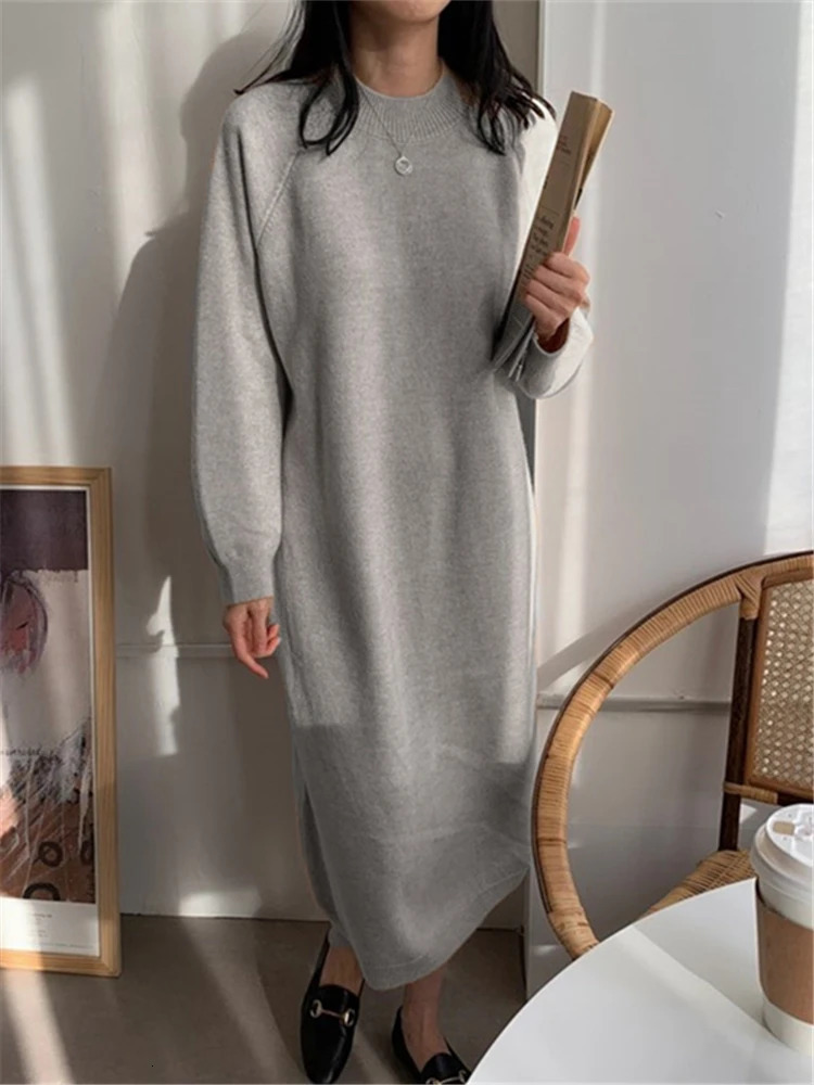 REALEFT Autumn Winter 2023 ONeck Casual Loose Knitted Dress Female Straight Long Sleeve Oversize Sweater Womens 241007