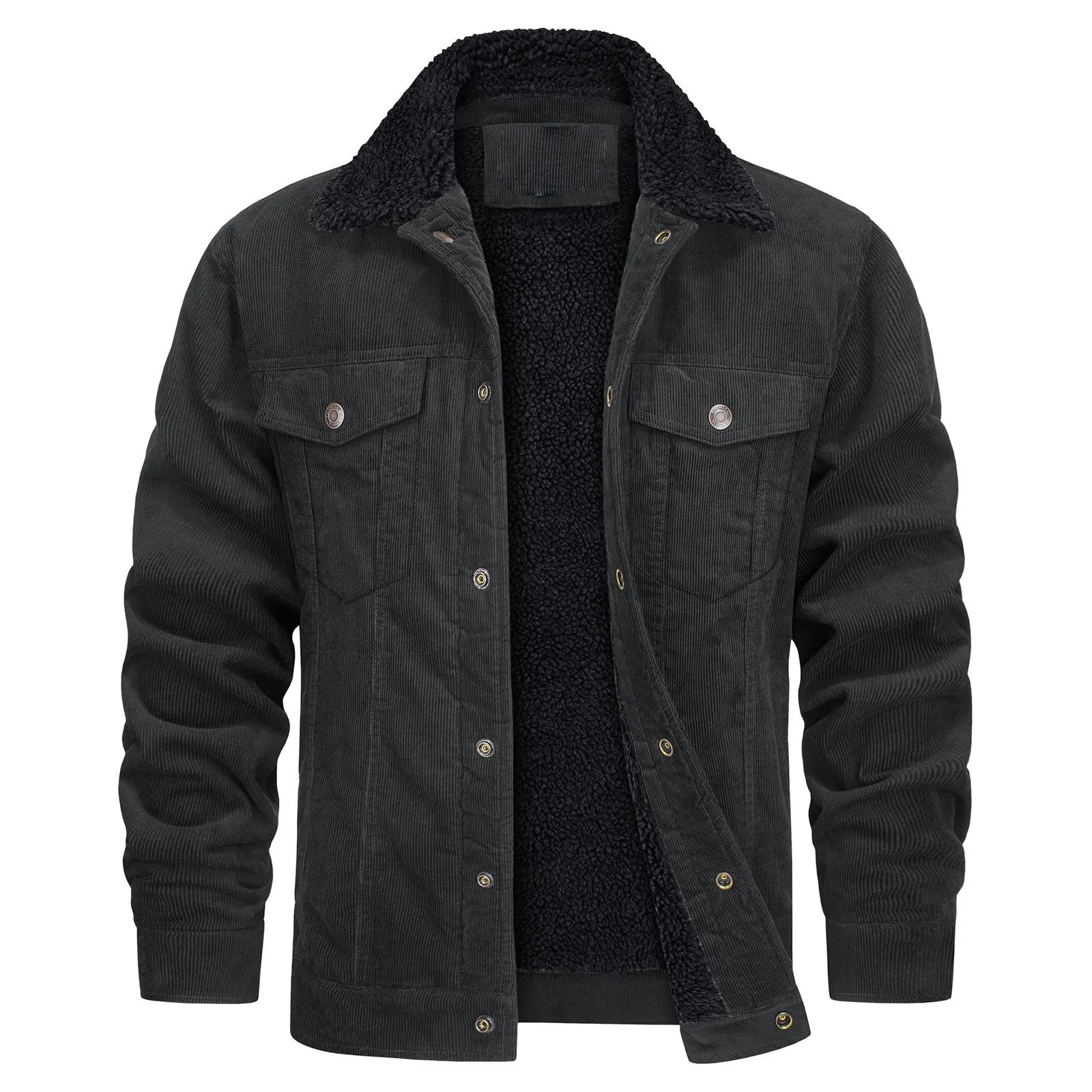 Thick wool lined mens denim jacket with Sherpa lining winter jacket with lapel fashionable solid color multi pocket jacket 241007