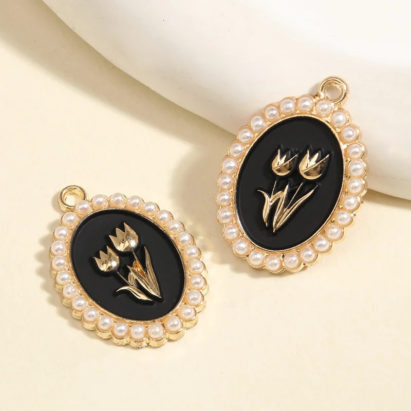 5pcs Gold Color 28x20mm Beautiful Enamel Rose Flower Charms Pearl Pendant For DIY Handmade Necklaces Jewelry Making Accessories 241010