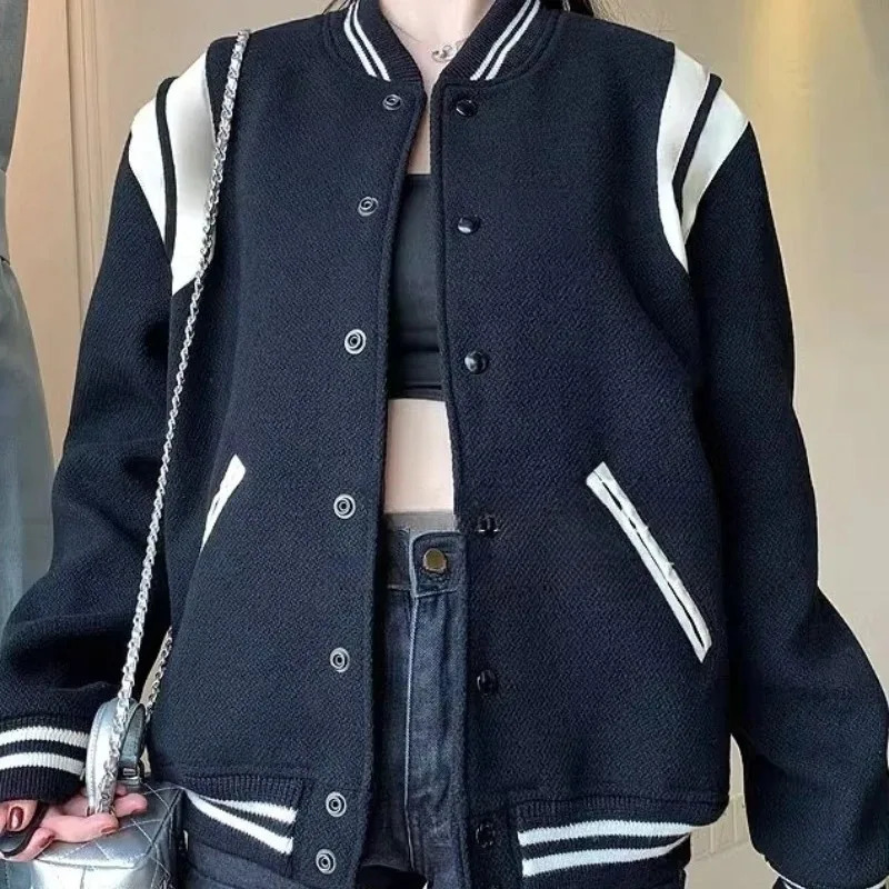 Deep City Korean style white bomber jacket womens streetwear preparatory retro tweed baseball jacket college autumn and winter fashion 241019