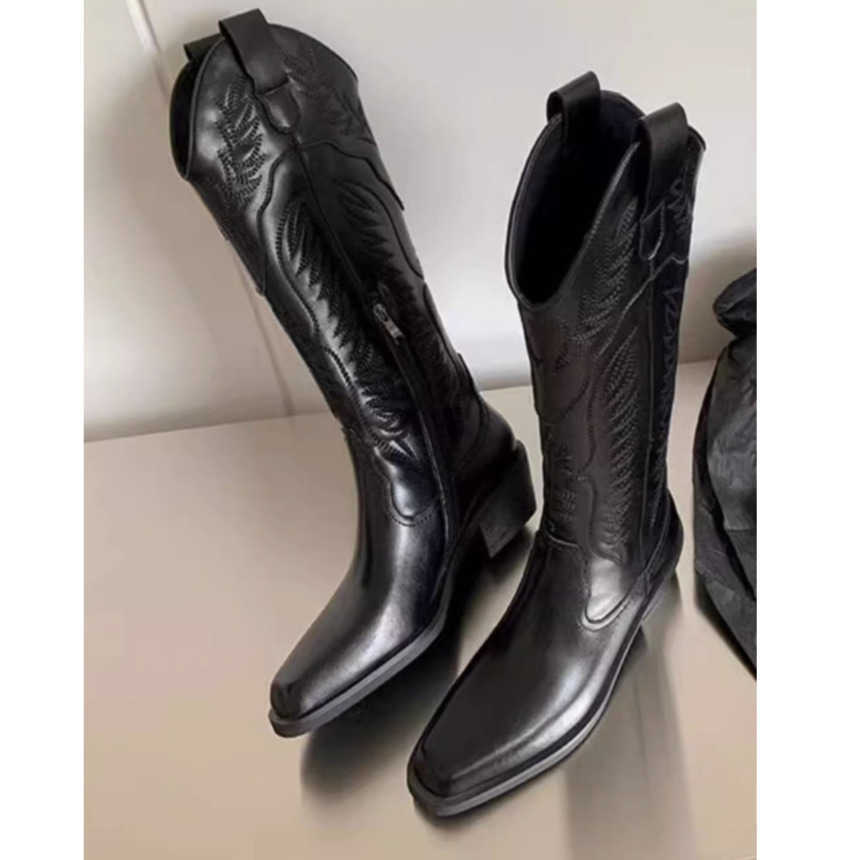 Fashion Boots Western High-heeled Cowboy Boots Female Knight Boots Pointed Brown Thick Heel Ankle Boots Long Boots 241008