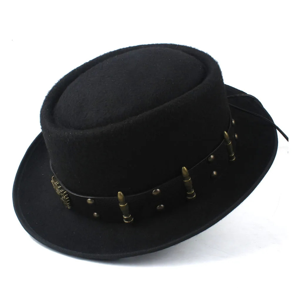 Pork Pie Hat for Men with Punk Belt Fashion Wool Fedora Trilby Fasciator Hat Pop Church Hat Size 58CM 241019
