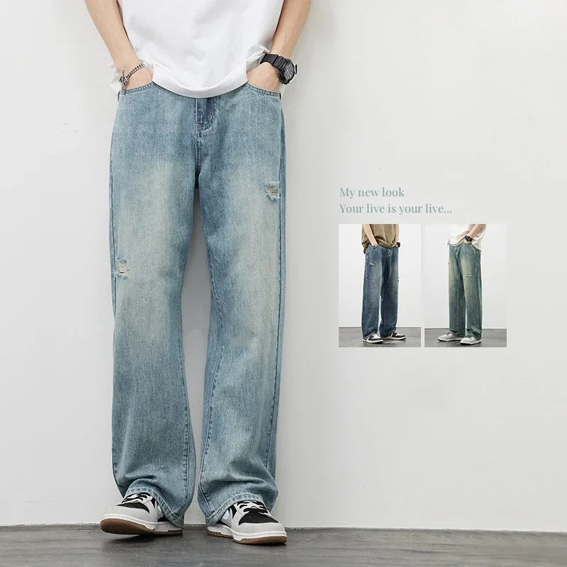 Mens Baggy Jeans Straight Ripped High Street Vintage Y2k Pants Fashion Frayed Distressed Denim Trousers Male Clothes 241009