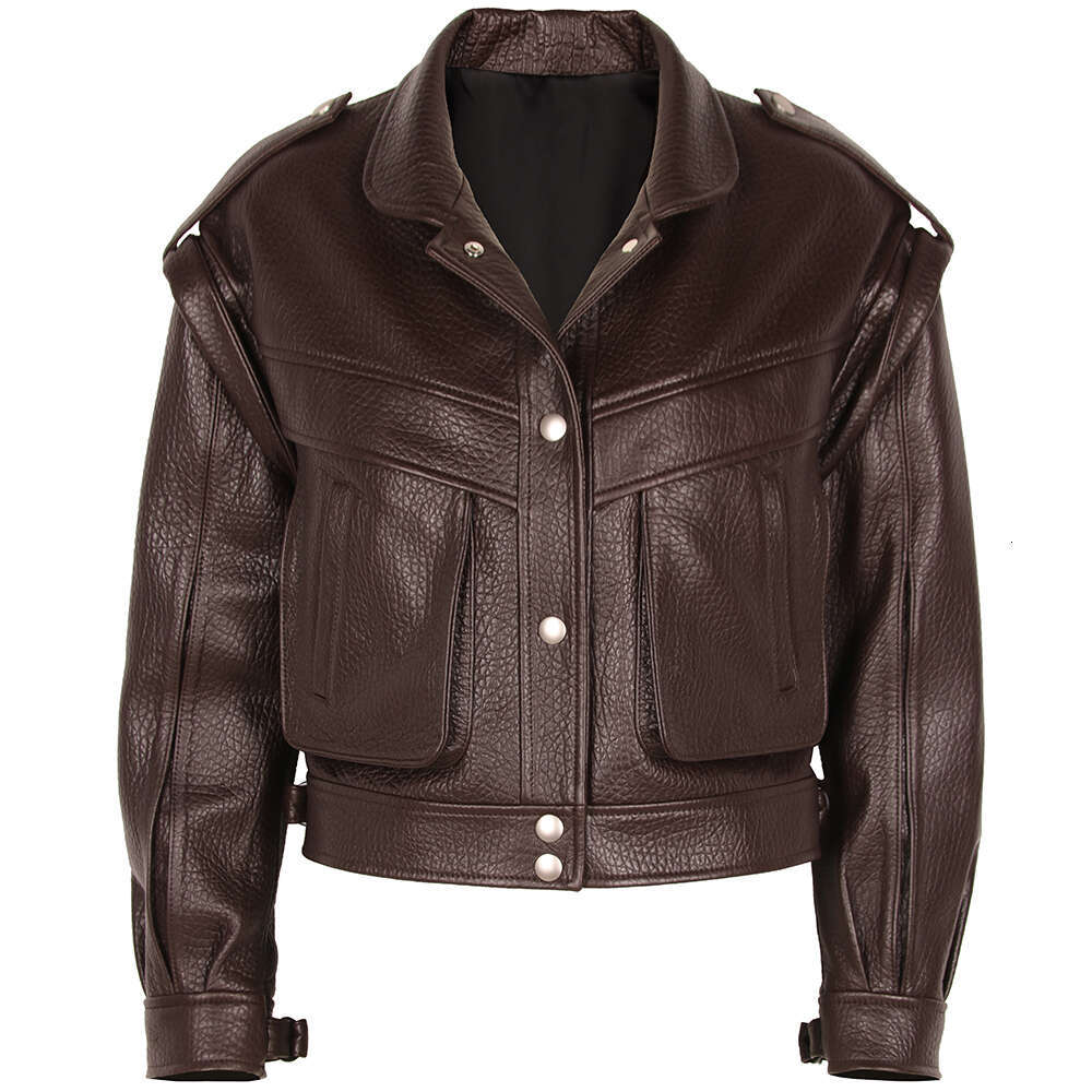 Yoloagain High Quality Dark Brown Real Leather Women Sheepskin Biker Jacket Female 2024 Autumn