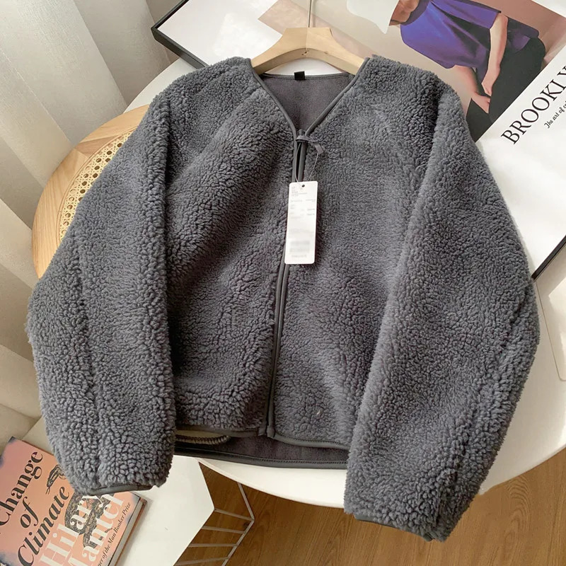 Mens Jacket Autumn/Winter Soft Sherpa V-neck Zipper Warm Polar Wool Short Sleeve Womens Long Sleeve Solid Color Top 241007