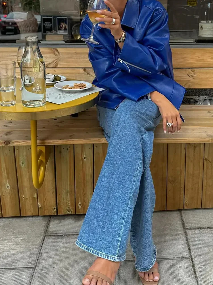 Fashionable blue Pu leather zipper jacket womens autumn lapel long sleeved jacket with pockets womens street jacket 241019
