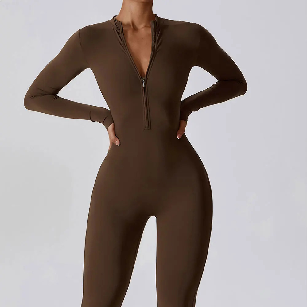 Yoga Boilersuit Long Sleeved Womens Sportswear Gym Zipper Jumpsuits Workout High-intensity Fitness One-piece Skin-tight Garment 241010