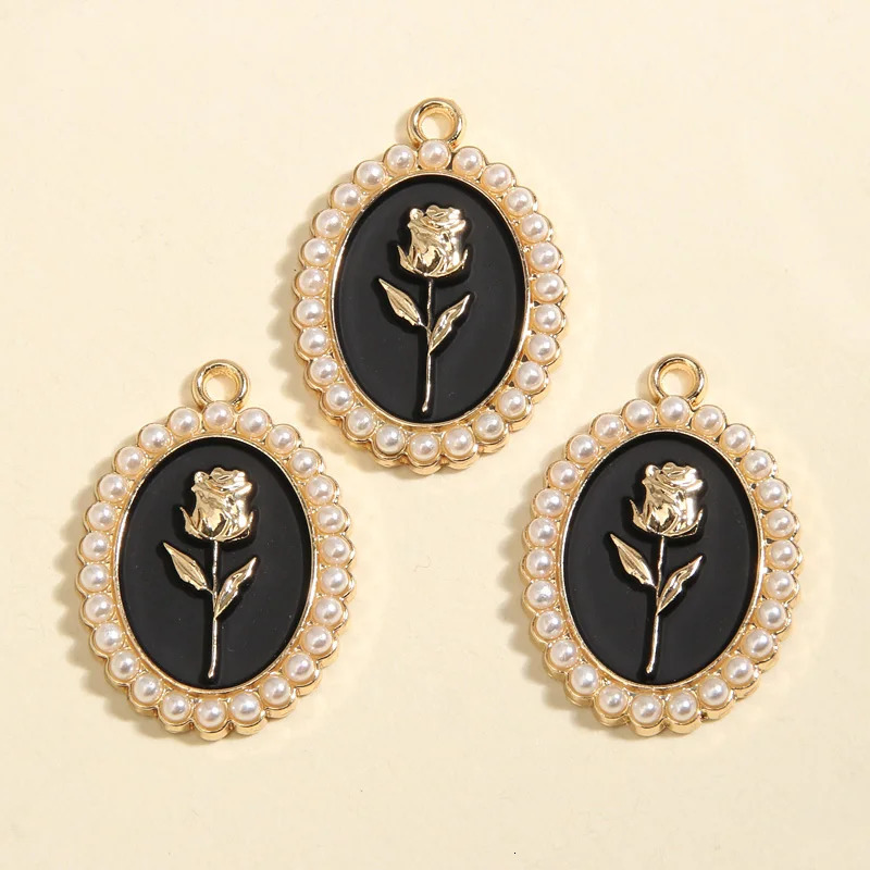 5pcs Gold Color 28x20mm Beautiful Enamel Rose Flower Charms Pearl Pendant For DIY Handmade Necklaces Jewelry Making Accessories 241010