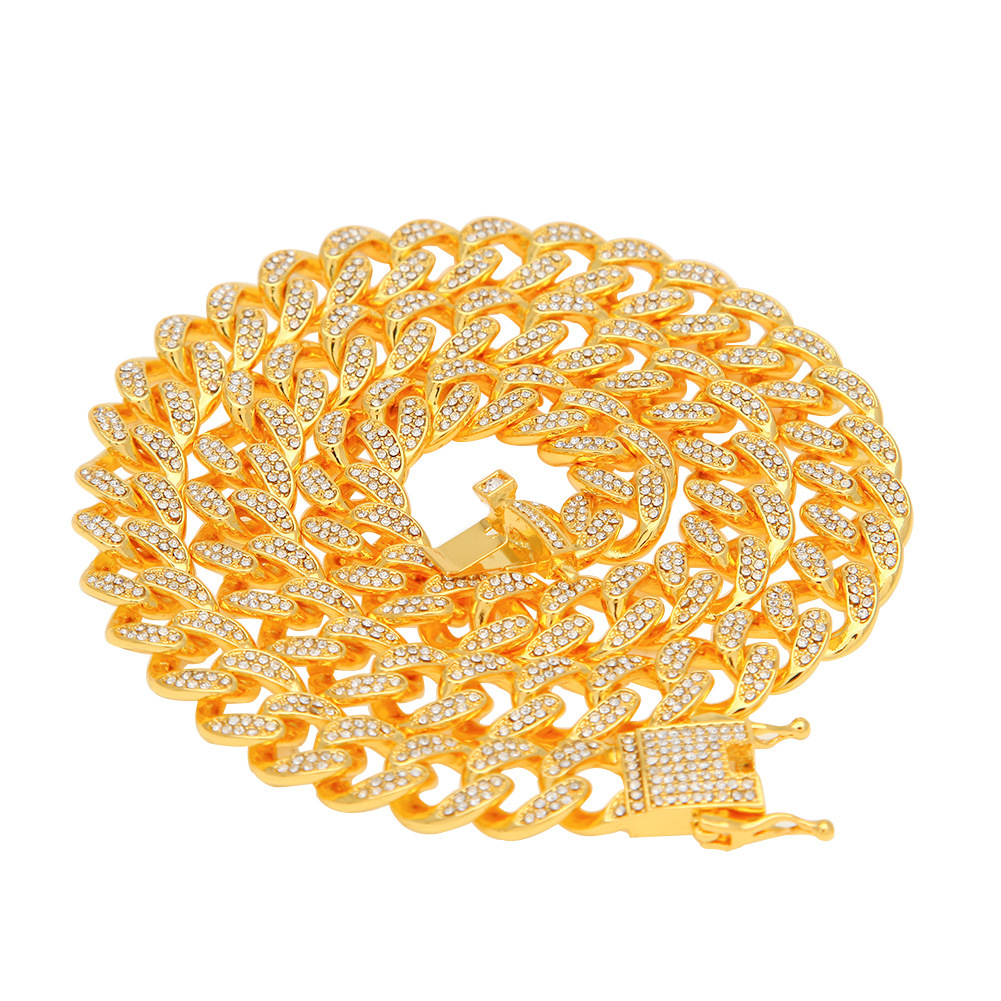 Hip Hop Bling Rhinestone Cuban Link Chian Necklace Mens Personalized Simple Gold Color Gemstone Mens Miami Curb Chains Punk Rock Grunge Jewelry Access
