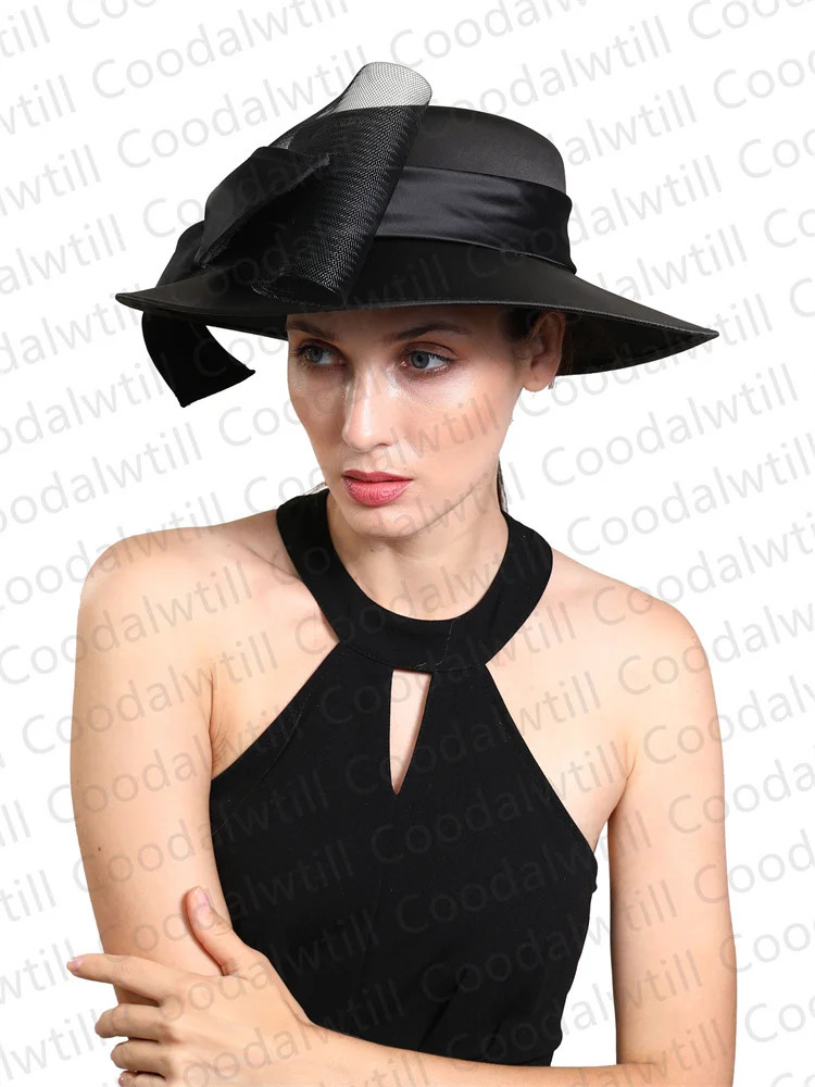 Womens Chruch Satin Fedora Hat Womens Elegant Wedding Fascinator Bow Party Chapeau Womens Retro Chapeu Marca de Luxo 241019
