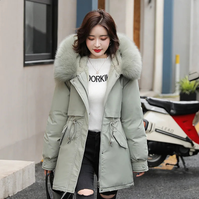 Women Parka Fashion Winter Jacket Slim with Fur Collar Warm Snow Wear Padded Clothes Long Coat Wool Liner Hooded Parkas 241010