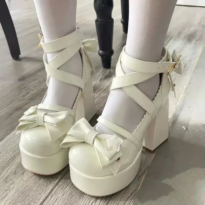 Sweet Retro Mary Jens Shoes Womens Star Buckle Lolita Cavay Platform Shoes Womens Bow Knot Cute er Shoes 241019
