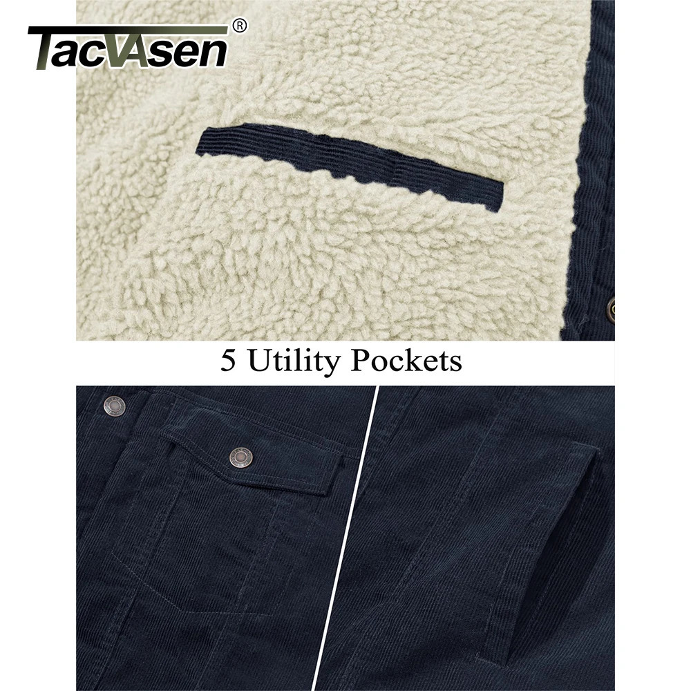 TACVASEN Mens Corduroy Jacket Soft and Warm Sherpa Wool Lining Collar Jacket Winter Truck Driver Cargo Work Clothes Multiple Pockets 241007