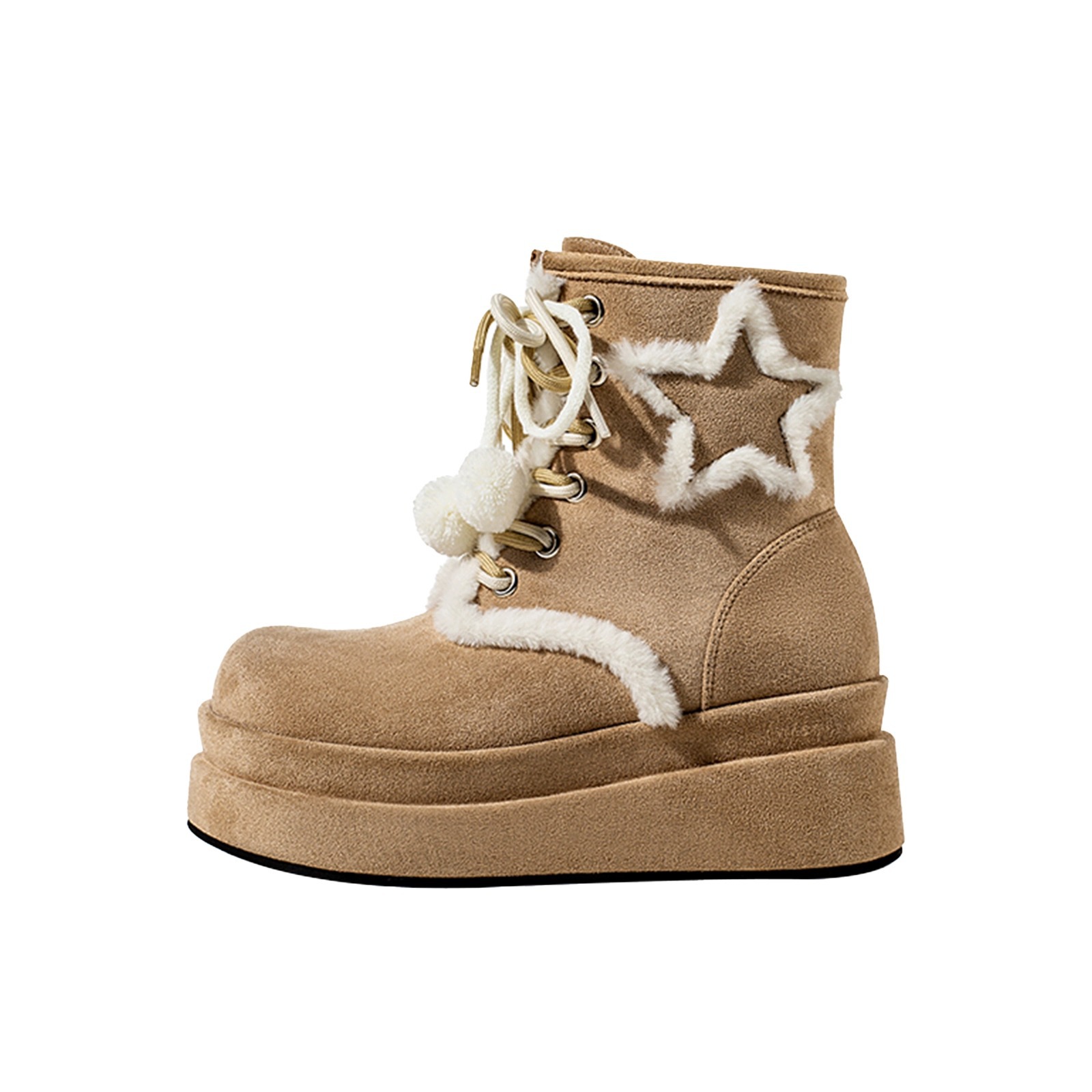 Women's 2024 Winter Fleece Star Print Fashion Boots: Warm, Trendy, Versatile, Thick Sole, Height Increase, Khaki e7d9